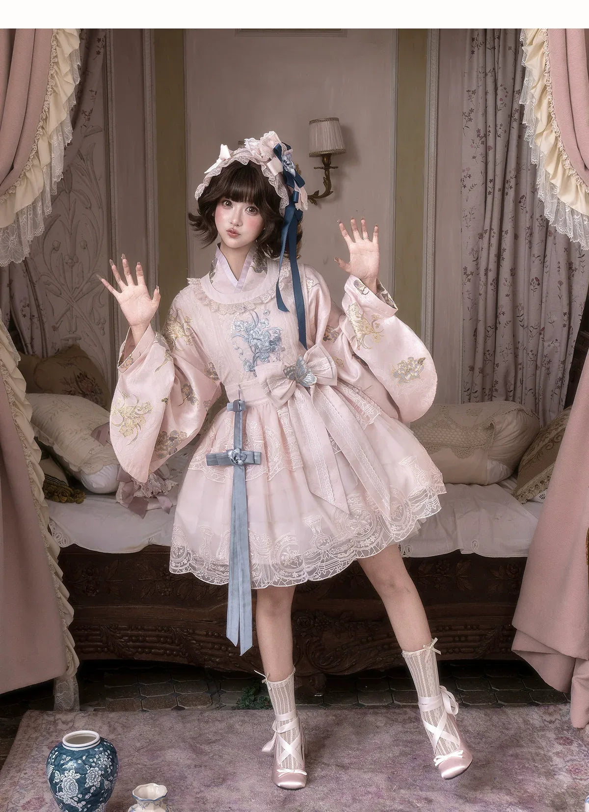 East-Meets-West Pink Two-Piece Set | Romance Embroidered Hanfu Blouse & Over Skirt - Yandan_Hanfu