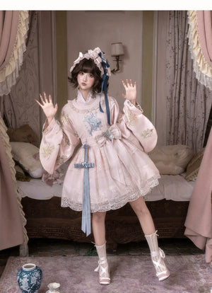 East-Meets-West Pink Two-Piece Set | Romance Embroidered Hanfu Blouse & Over Skirt - Yandan_Hanfu