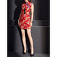 Elegant red cheongsam dress featuring dragon prints and a side slit.