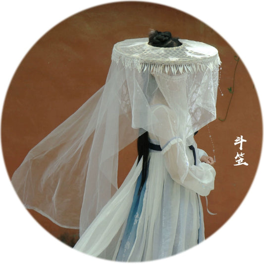 Antique-Style COS Bamboo Hat with Immortal Curtain Veil - Sun Protection & Shading for Ladies in Ancient Hanfu