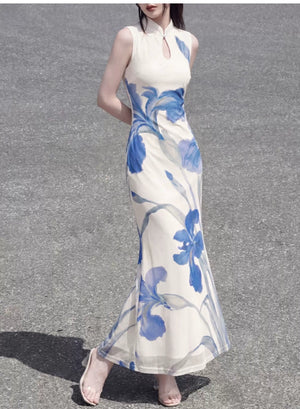 White iris cheongsam dress, long holiday temperament art skirt, sleev –  Yandan_Hanfu