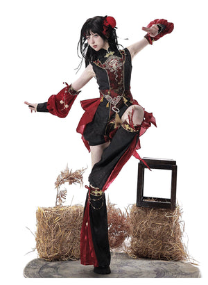 Red and black outfit styled in a raised-leg pose