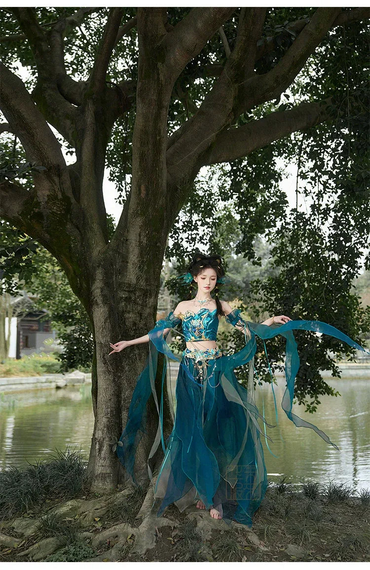 Blue Hanfu women's Dress exotic style Butterfly Cosplay Daji set (tube top + feather sleeves + special-shaped skirt + waist chain + necklace) / M Blue Hanfu women's Dress exotic style Butterfly Cosplay Daji set (tube top + feather sleeves + special-shaped skirt + waist chain + necklace) / M