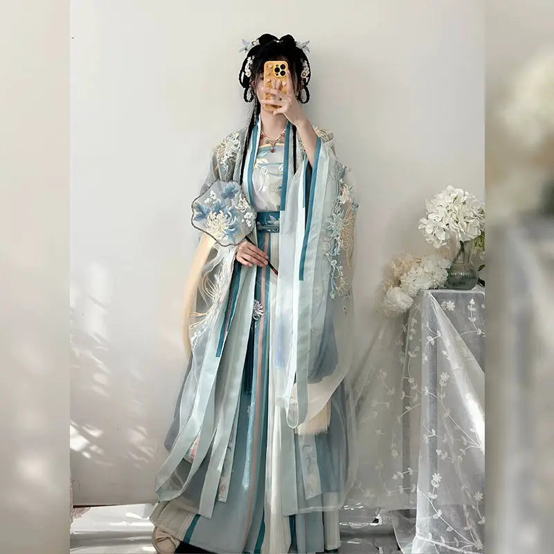Butterfly Love Hanfu Set – Plus Size Song-Style Qiyao Robe with Wide Sleeves, Elegant Slimming Outfit for Sprin