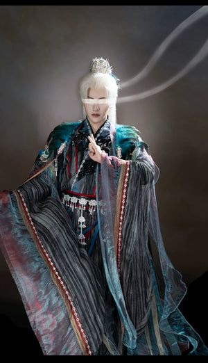Peacock blue and iridescent layered xianxia outfit — worn garment view 15
