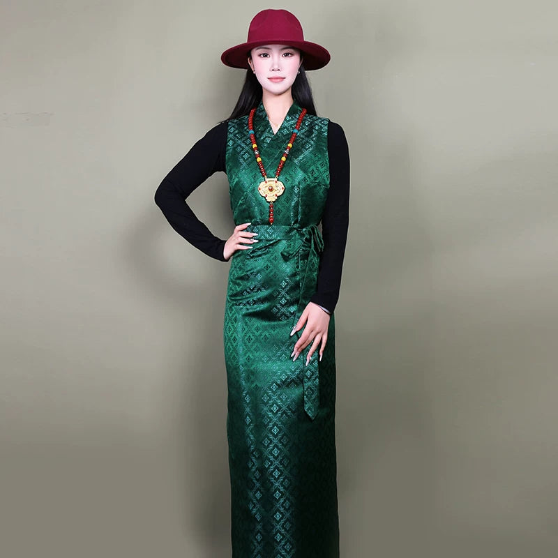 Tibetan Women's Dress | Sleeveless Kangba Bola Skirt for Dance Performance