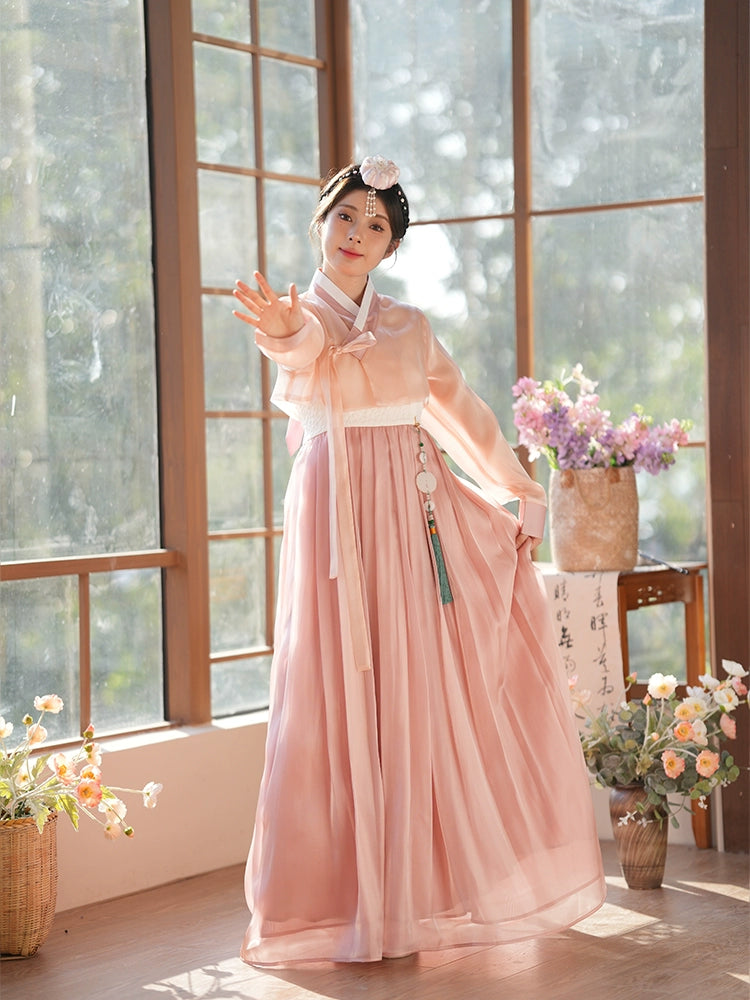 Graceful pink hanbok dress with flowing fabric and intricate details. A stylish blend of tradition and modern elegance.