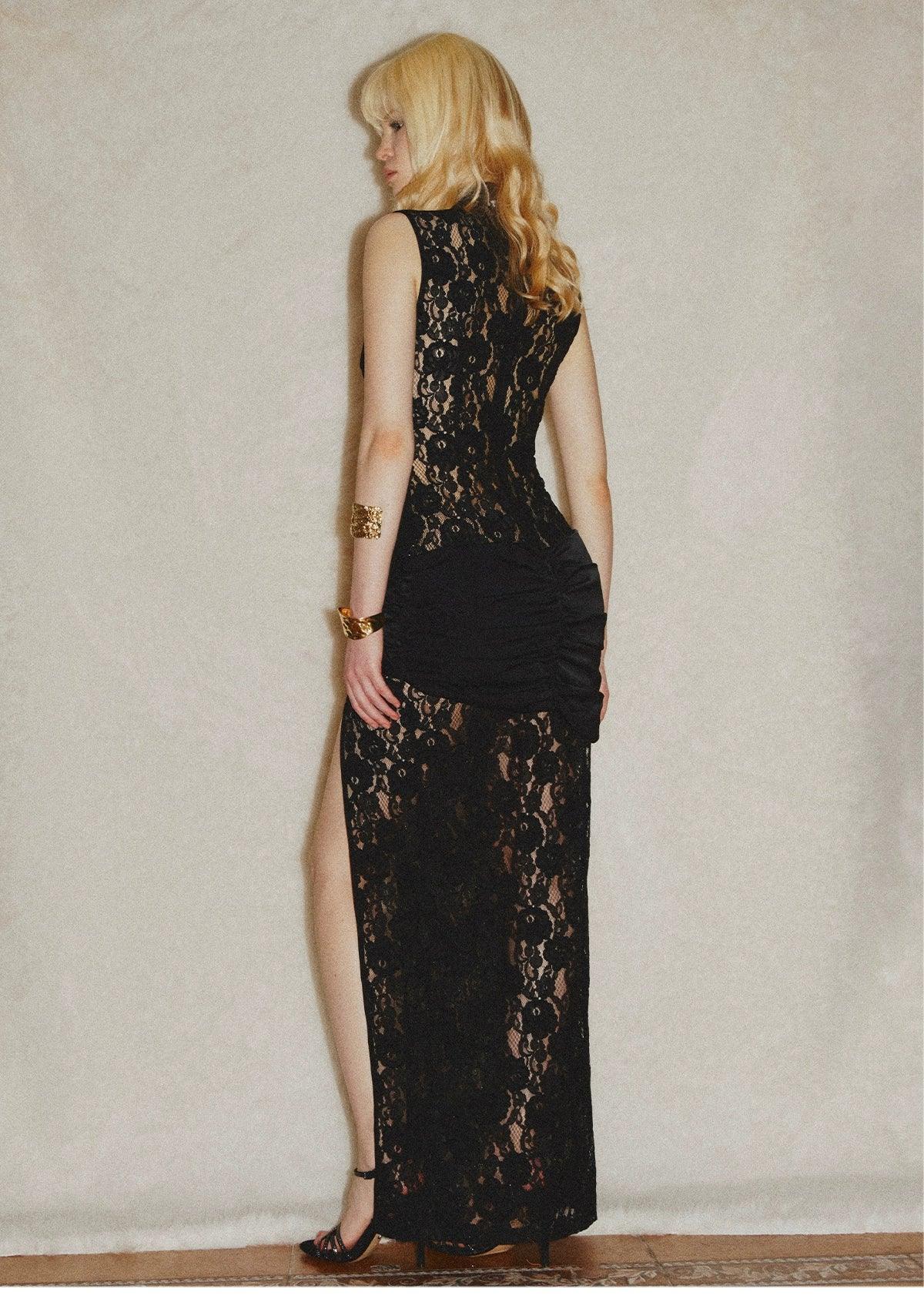black lace dress with split ASOS DESIGN lace maxi sheer dress with high split in black
