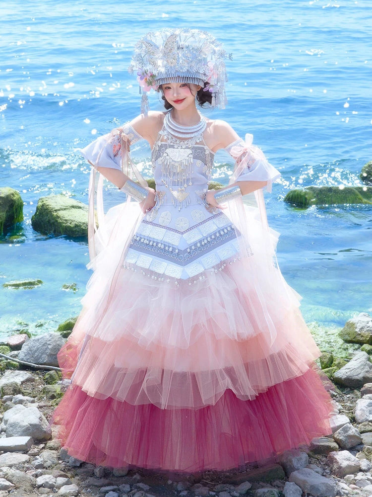 Pink Miao Clothing Women's Summer Cake Green Dress with layered tulle skirt and silver headpiece, ideal for stage performances or cultural events.