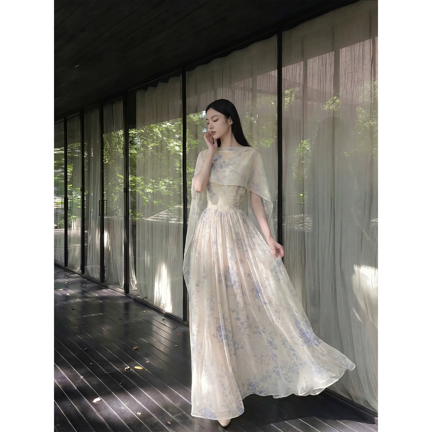 New Chinese Style Blue & White Floating Shawl Long Dress Two-Wear | Yandan Hanfu Yarn fog Blue and White / L New Chinese Style Blue & White Floating Shawl Long Dress Two-Wear | Yandan Hanfu Yarn fog Blue and White / L