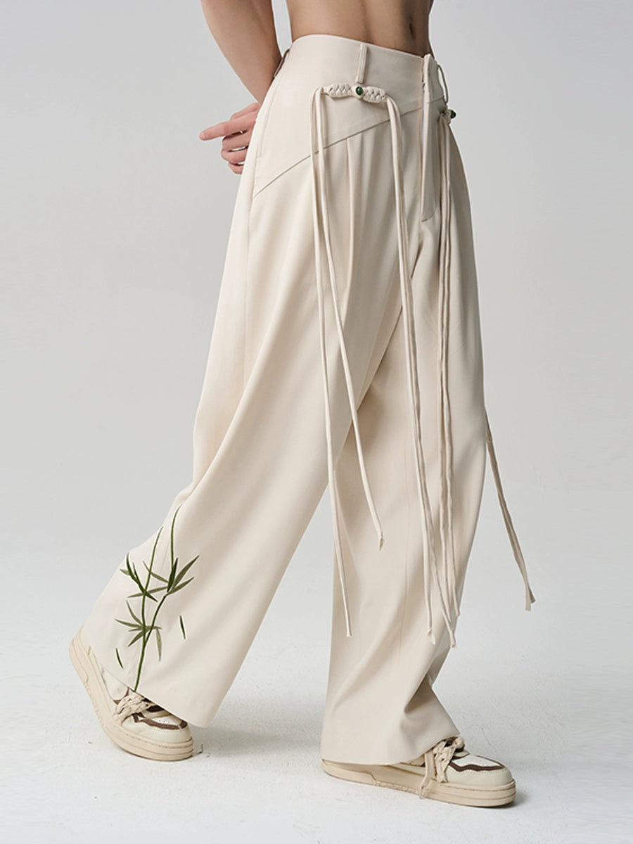Tassel Embroidered Unisex Trousers – New Chinese Style with Knot Button Detail