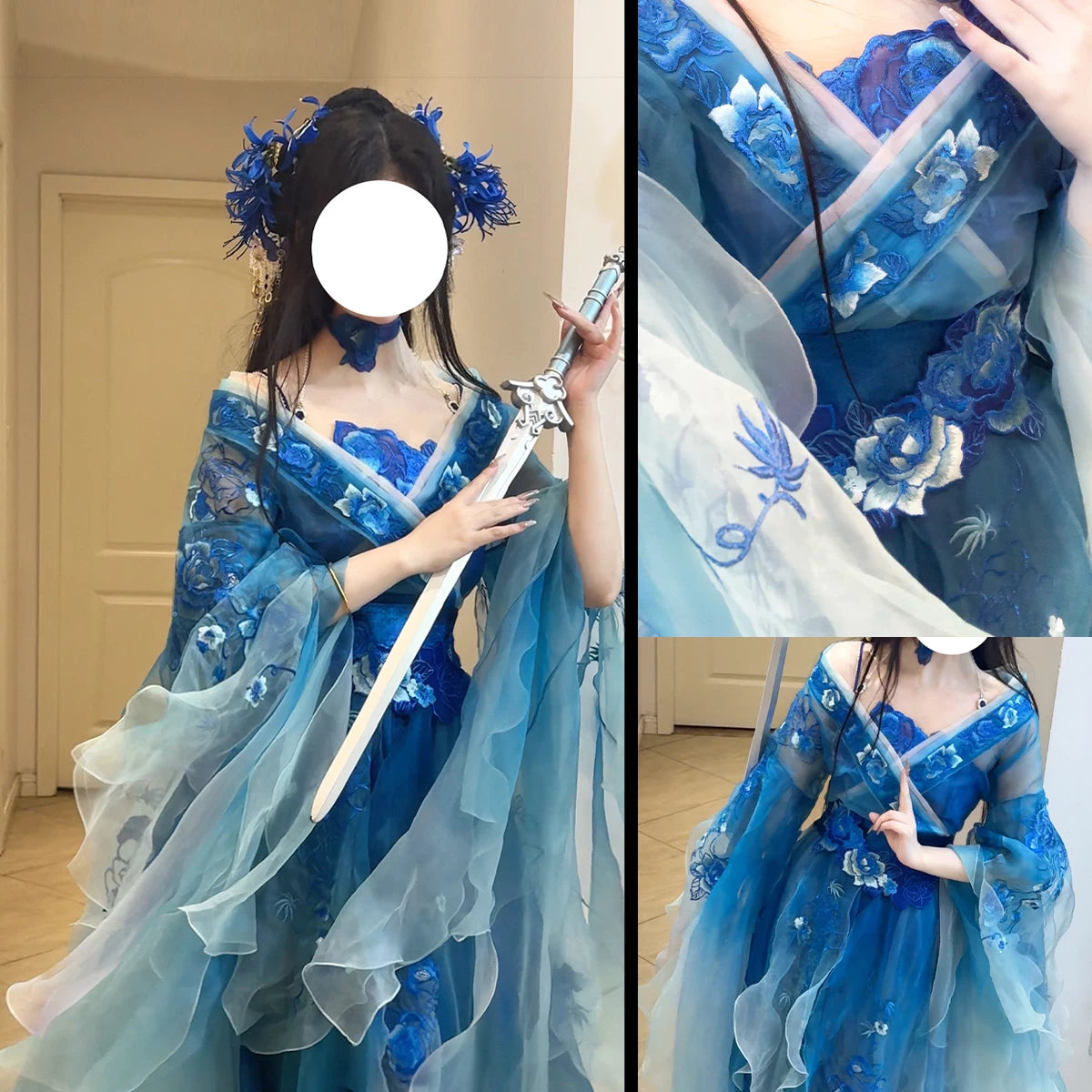 Blue embroidered hanfu stage costume with camisole and elastic waist skirt