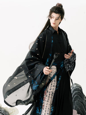 Experience the elegance of the Song Dynasty with our Calligraphy Hanfu Men's Cloak Large Sleeve Shirt Black Suit. Inspired by Chinese calligraphy and cultural aesthetics, each piece embodies timeless sophistication. Elevate your wardrobe with our fusion of classic and contemporary Hanfu styles.