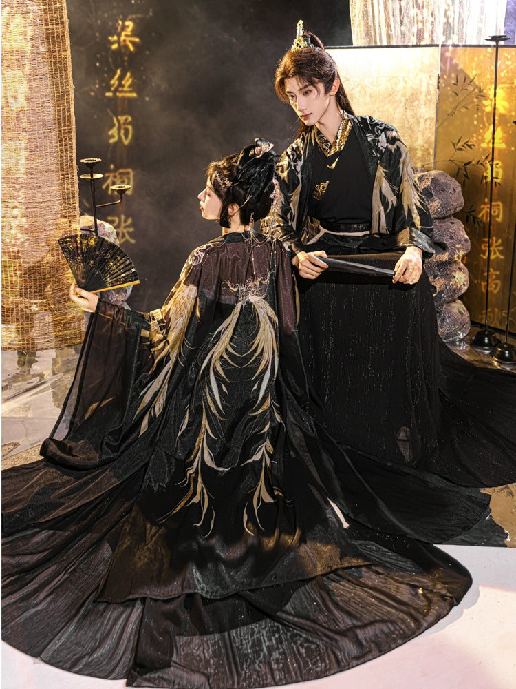 Black&Gold Tang-Style Hanfu Couple Set – Traditional Chinese Outfit with Wide-Sleeve Robe & Printed Hezi Skirt