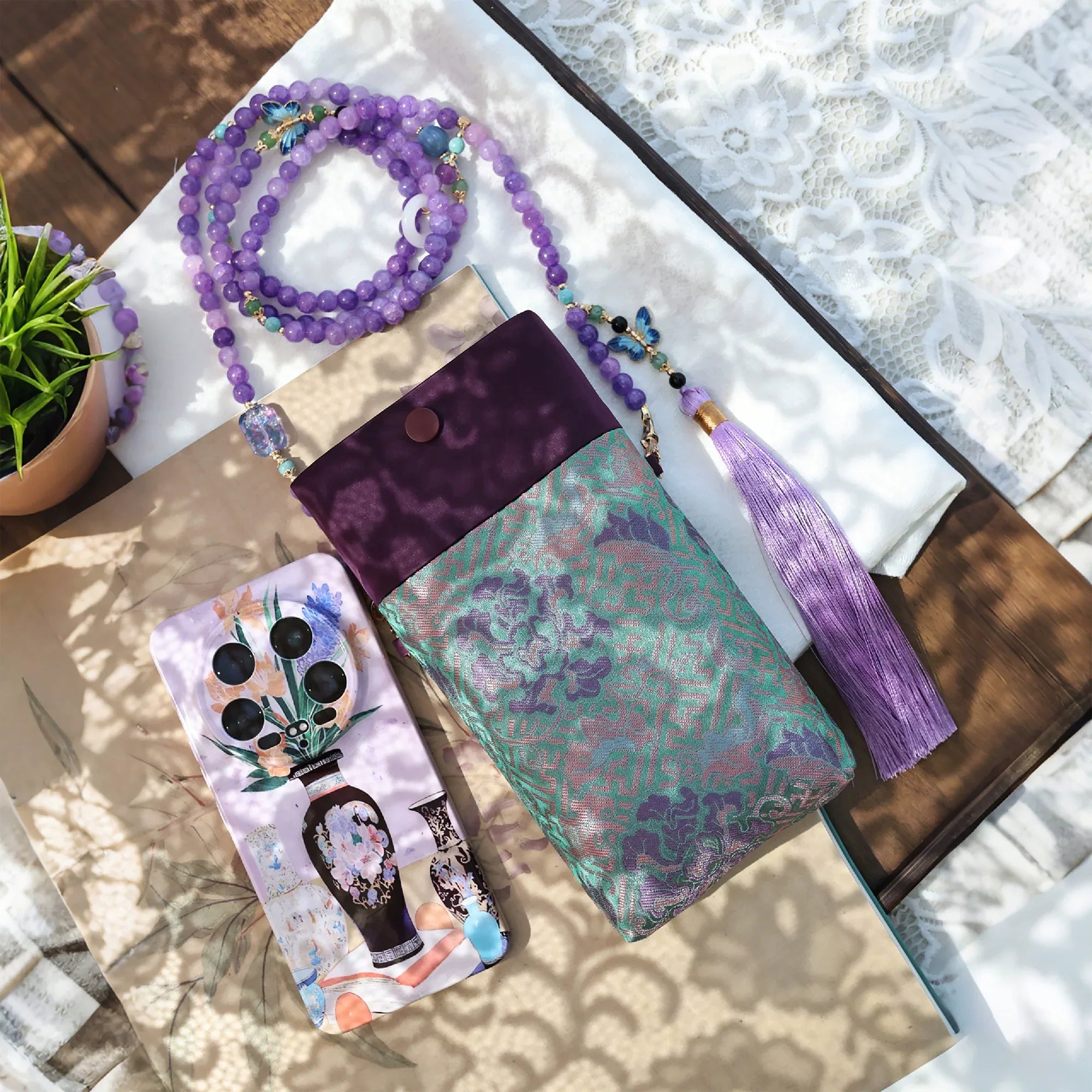 Floral Motif Bag | Color-Block Canvas Crossbody with Beaded Strap - Yandan_Hanfu