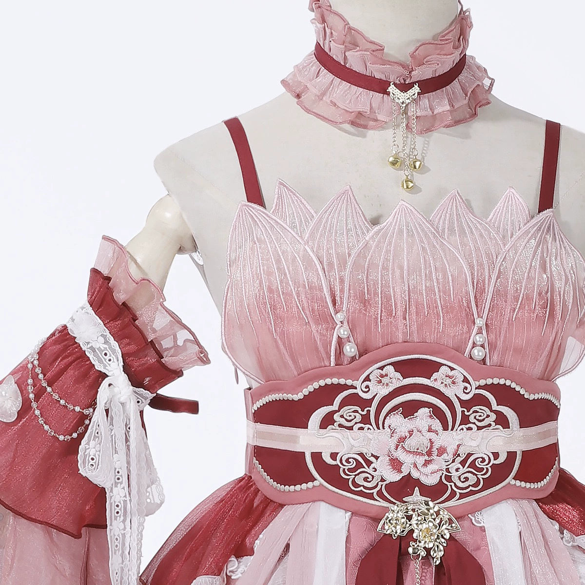 Side view of Red Hanfu Dress New Chinese Feather Rust Waist Seal Suspender Skirt on mannequin showing sleeve and waist detail.