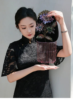 Embroidered Butterflies Black Bag | Canvas Crossbody with Beaded Chain - Yandan_Hanfu
