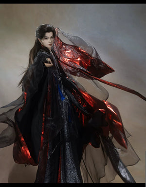 Black and red layered wuxia robe outfit — worn garment view 14