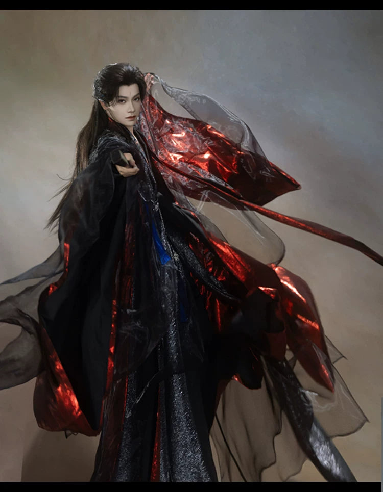 Black and red layered wuxia robe outfit — worn garment view 14