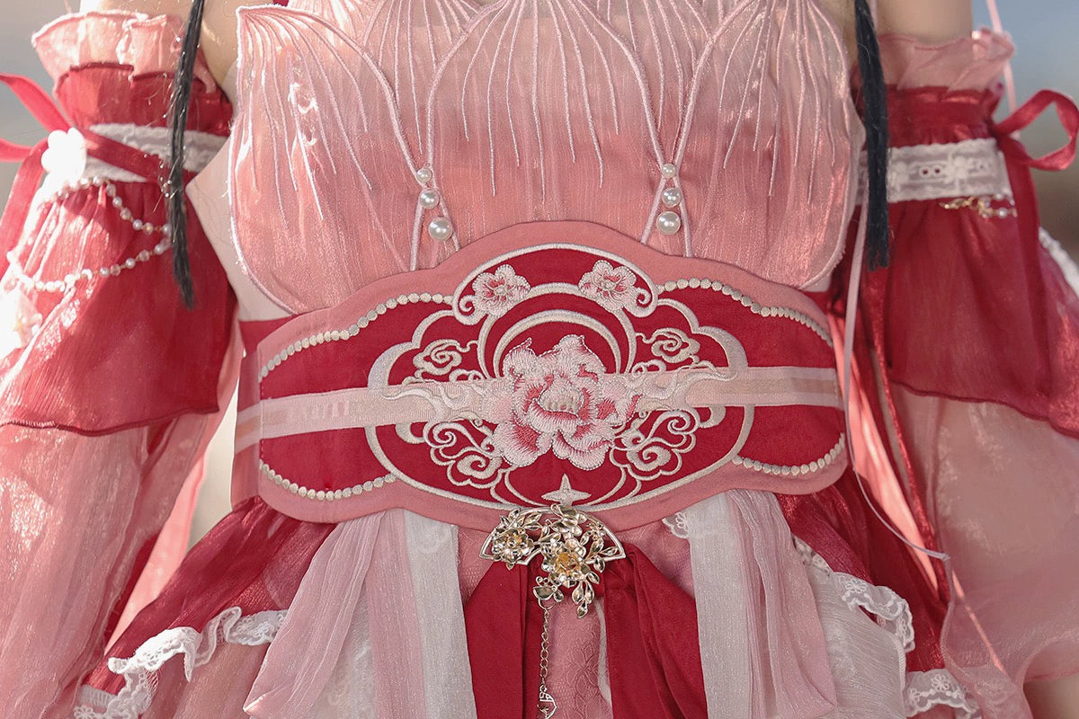 Detailed embroidery and pearl accents on Red Hanfu Dress New Chinese Feather Rust Waist Seal Suspender Skirt waist seal.