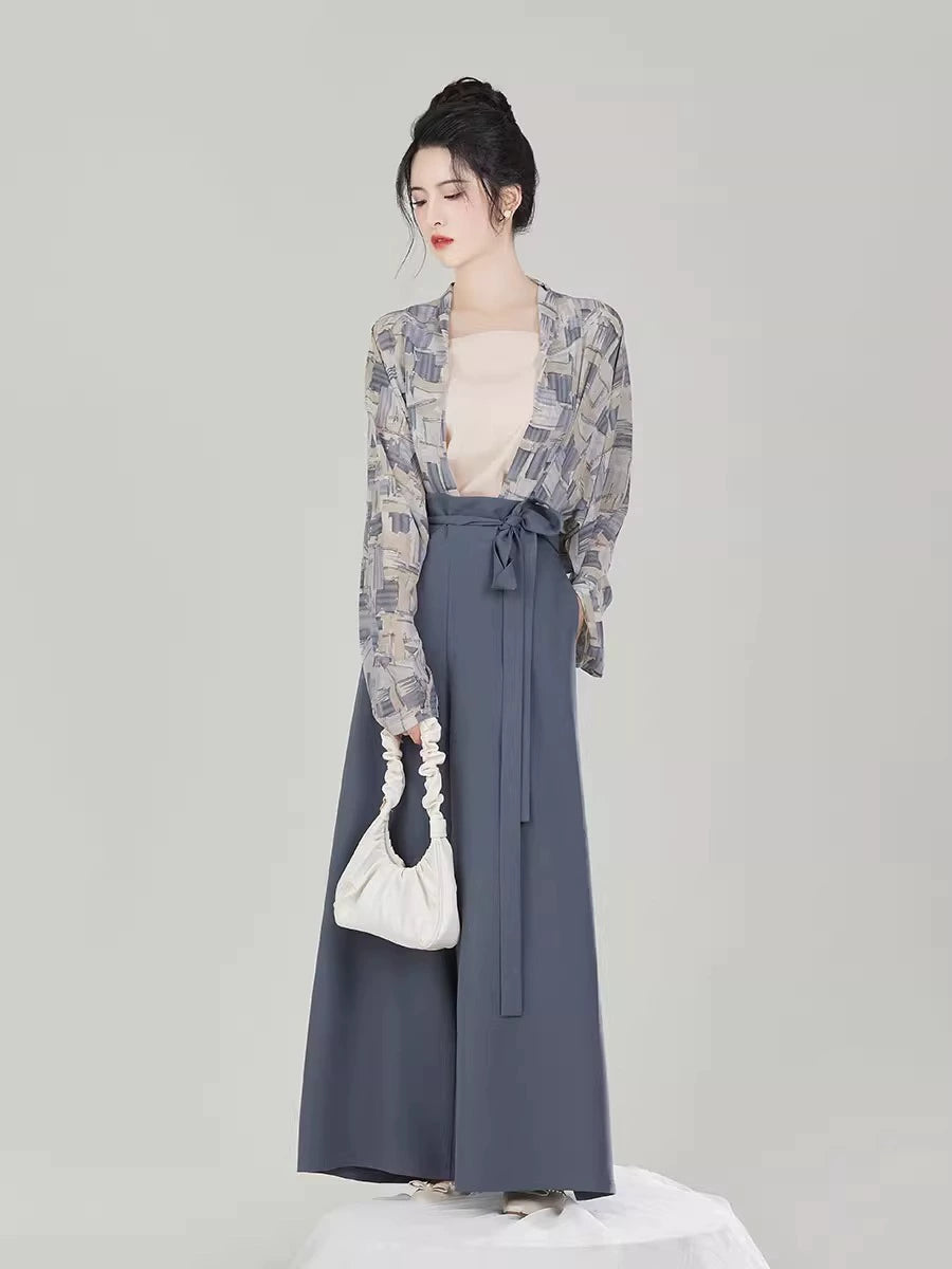 Qianmo Summer Hanfu Set – Song-Style Strap Top, Wide-Sleeve Shirt & Relaxed Pants for Women