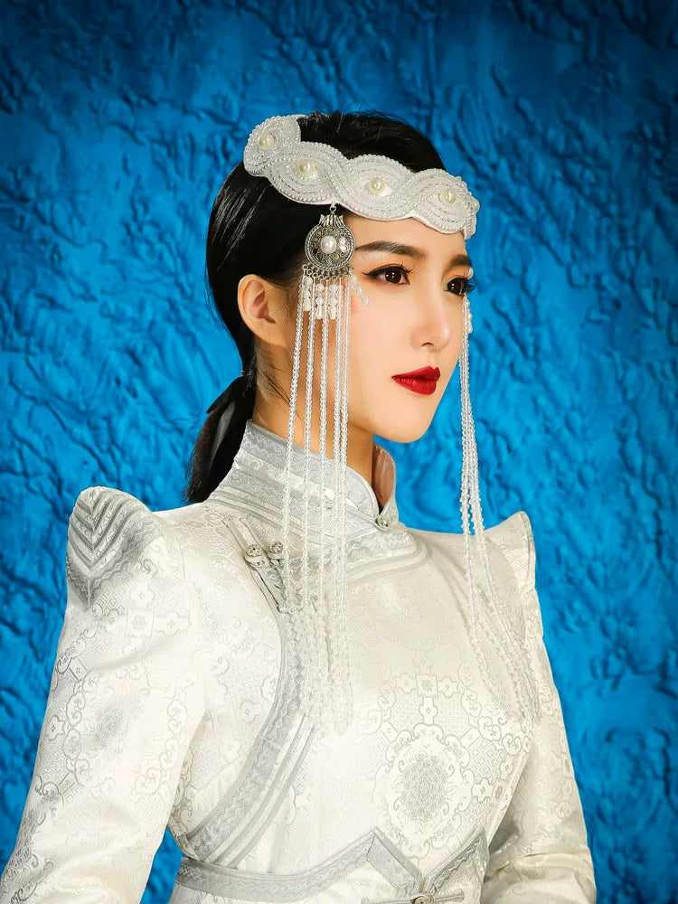 Minority style white design headgear high-end Mongolian wedding hat hair accessories custom exotic style