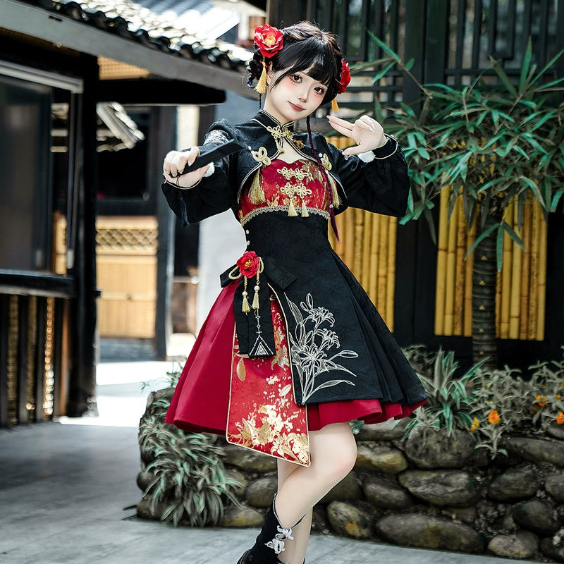 Elegant Lolita Chinese-style cheongsam suspender skirt set in black and red with gold embroidery, featuring floral patterns and tassel details.