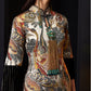 Close-up of cheongsam jacquard dress showcasing intricate floral details.