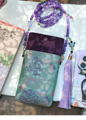 Floral Motif Bag | Color-Block Canvas Crossbody with Beaded Strap - Yandan_Hanfu