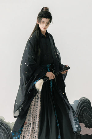 Experience the elegance of the Song Dynasty with our Calligraphy Hanfu Men's Cloak Large Sleeve Shirt Black Suit. Inspired by Chinese calligraphy and cultural aesthetics, each piece embodies timeless sophistication. Elevate your wardrobe with our fusion of classic and contemporary Hanfu styles.