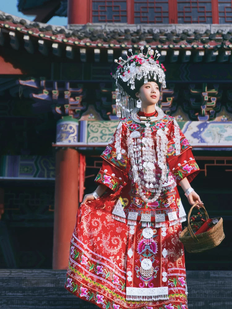 Authentic Miao Minority Wedding Dress | Heirloom Quality in Vibrant Red Brocade