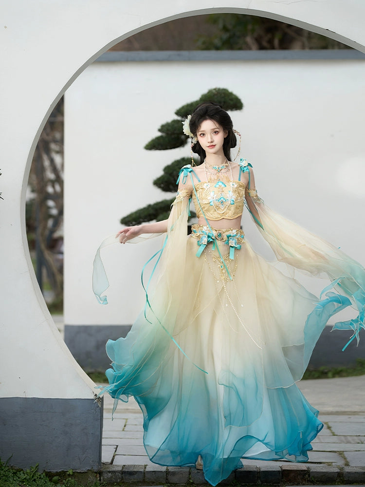 Fairy Hanfu Suit - Women's Summer Set with ethereal gradient tones and delicate embroidery, ideal for warm-weather traditional attire.