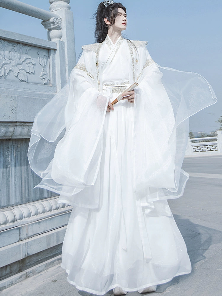 Cloud Collar Elegance – Unisex White Embroidered Modern Hanfu | Flowing Wide-Sleeve Wei-Jin Style Outfit