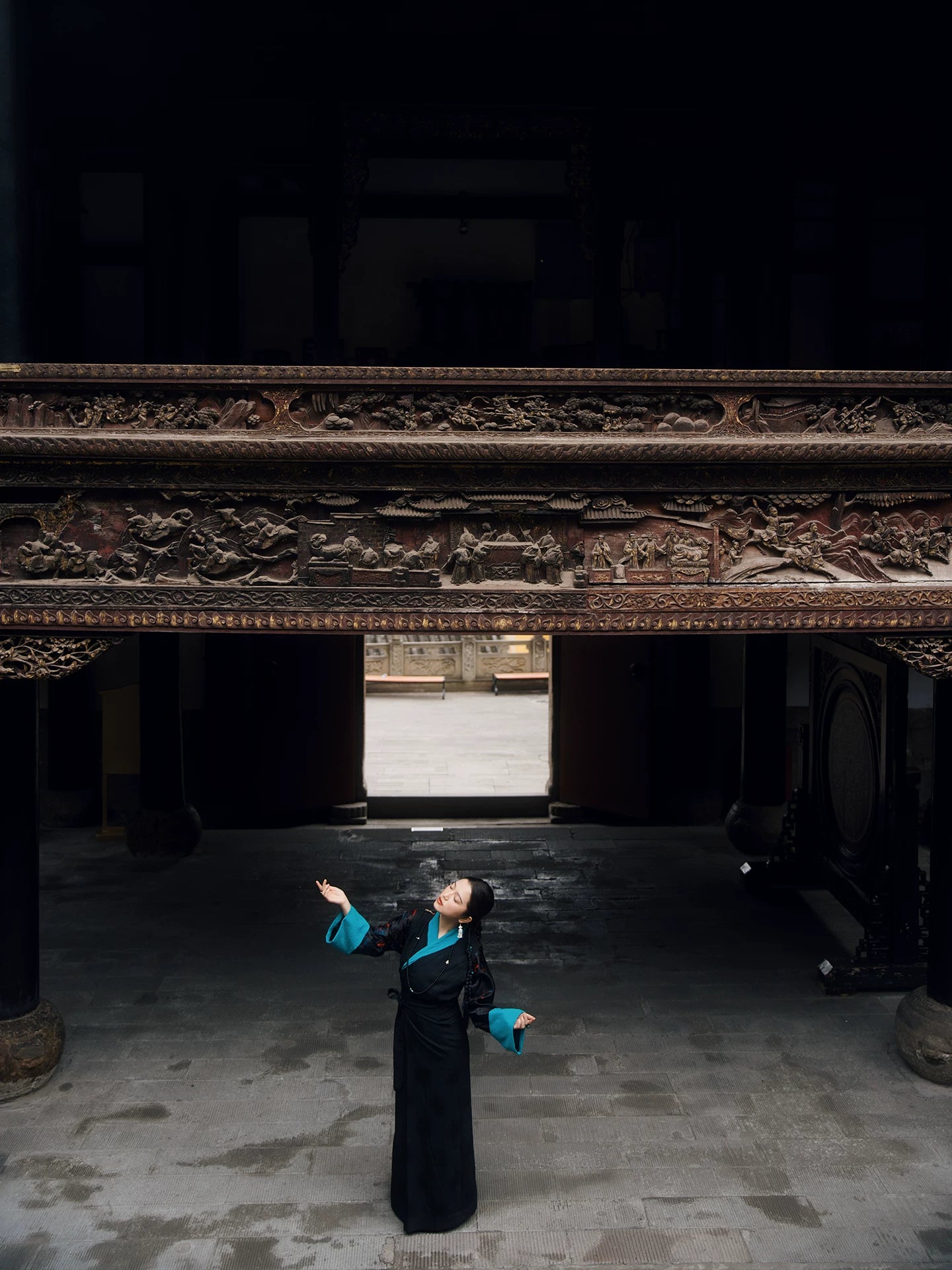 Black jacquard Xizang-inspired dress full-length studio styling view