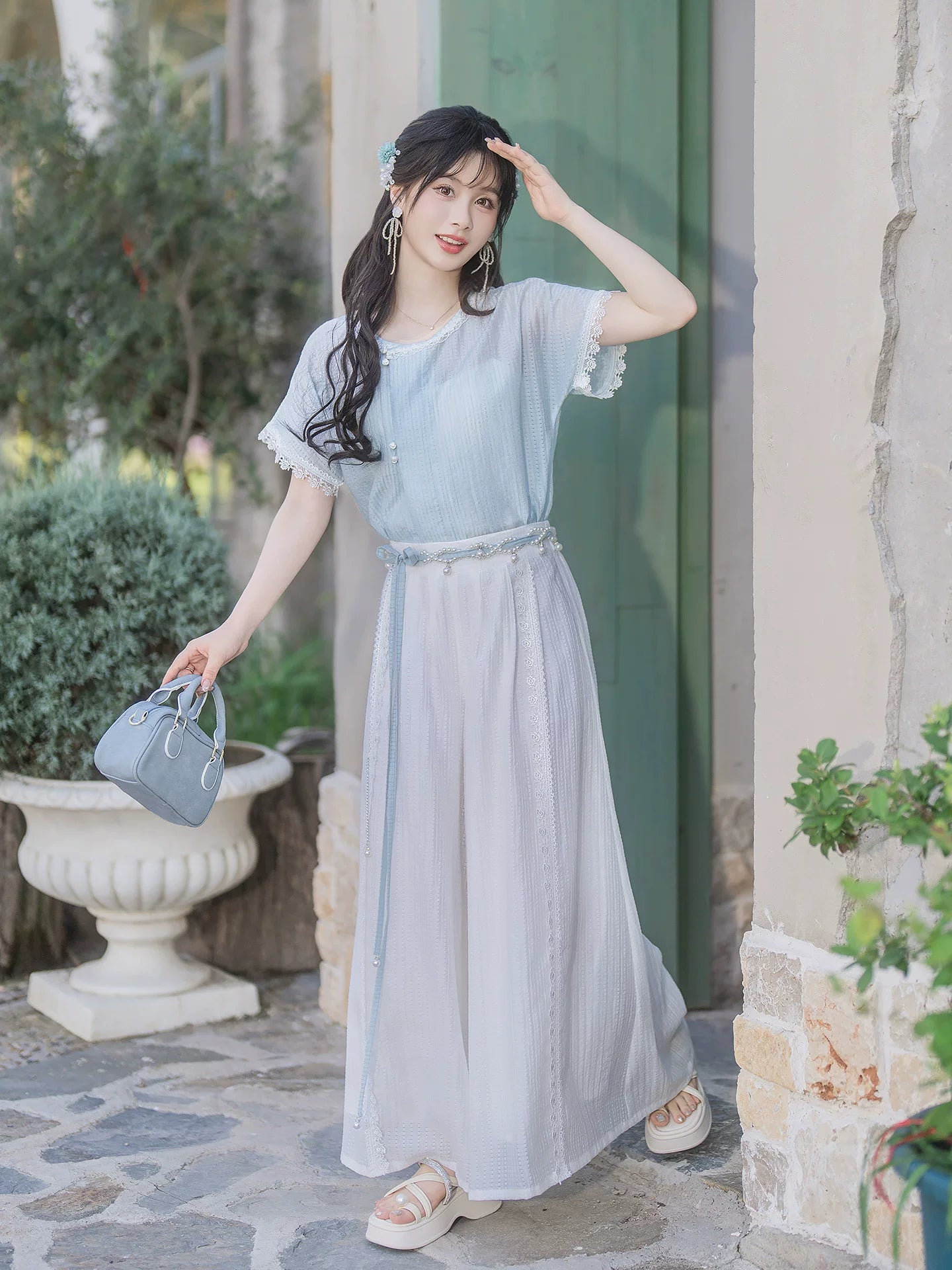 Sea Salt Bubble modern Hanfu Tencel top and Song pants product photo 2
