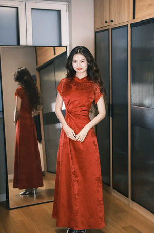 Full-length red jacquard cheongsam in mirror-lined interior