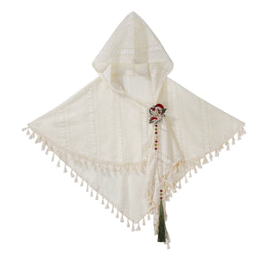 Ivory hooded lace shawl displayed separately