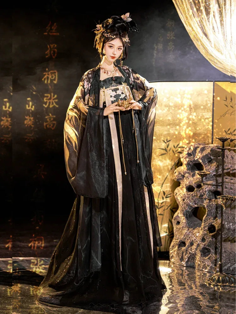 Black&Gold Tang-style Hanfu Couple Set Traditional Chinese Outfit W Jinlan Women's Suit (Large-Sleeved Shirt + Skirt) / M Black&Gold Tang-style Hanfu Couple Set Traditional Chinese Outfit W Jinlan Women's Suit (Large-Sleeved Shirt + Skirt) / M