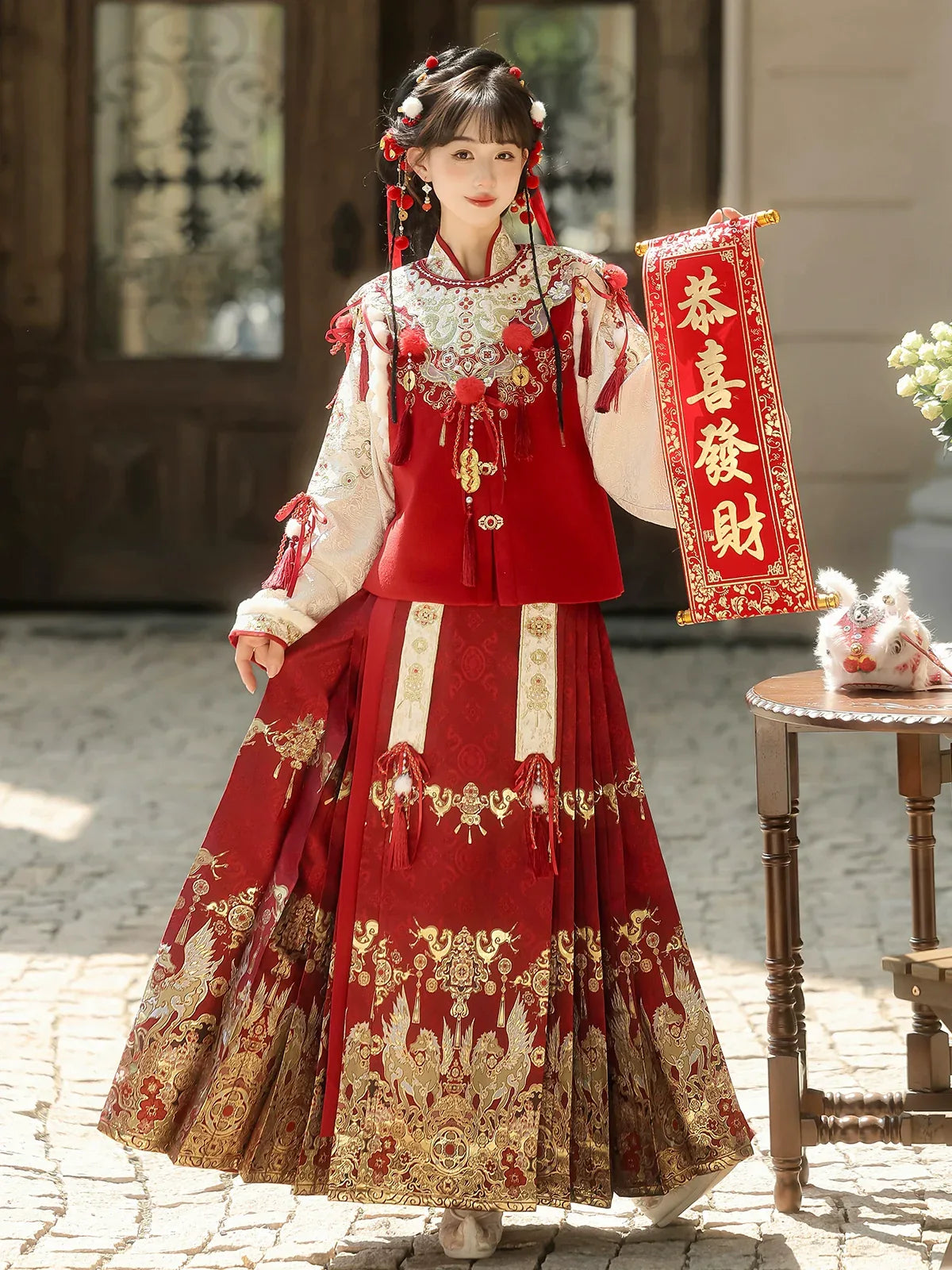 Heavenly Steed Blessing – New Year Hanfu-Inspired Dress Set | Auspicious Winter Outfit for Festive Celebrations - Yandan_Hanfu