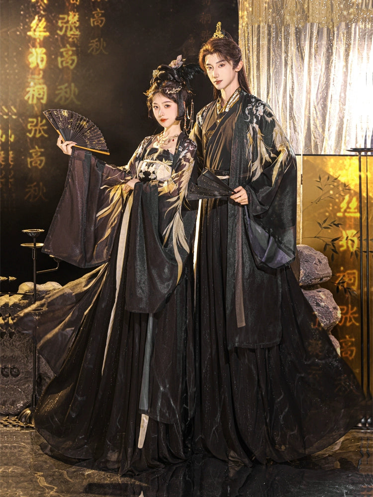 Black&Gold Tang-Style Hanfu Couple Set – Traditional Chinese Outfit with Wide-Sleeve Robe & Printed Hezi Skirt