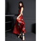 Flowing red cheongsam dress with bird and floral motifs in a satin texture.