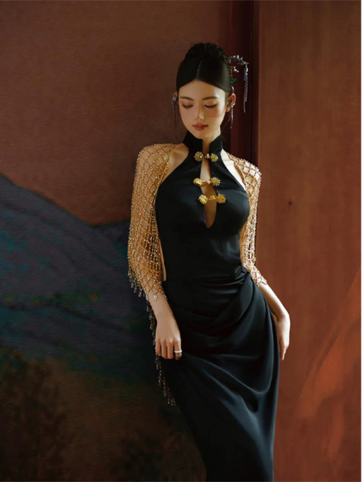 Retro Cheongsam Fishtail Skirt - Black