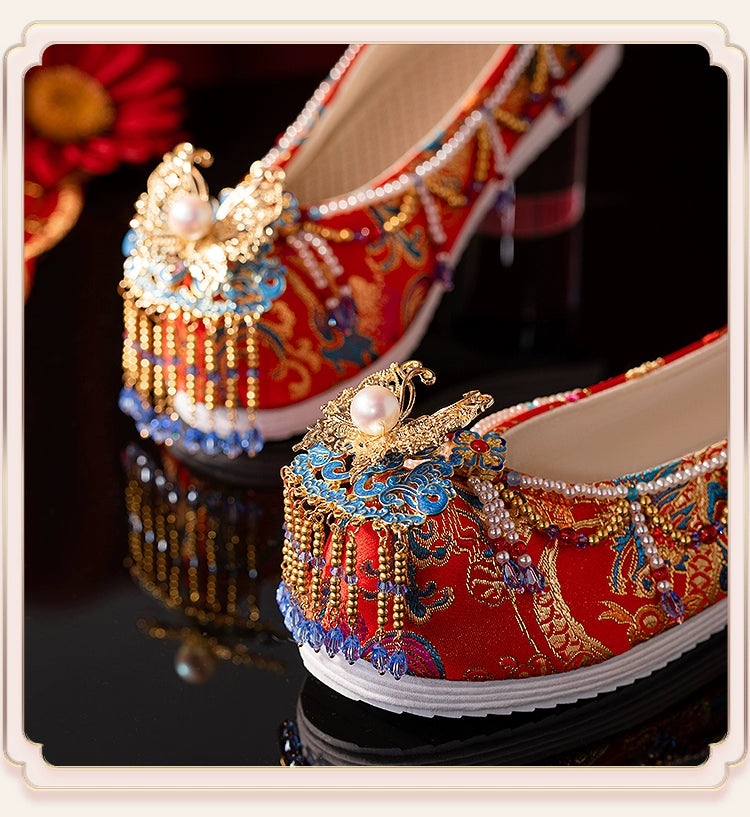 Sankeng Xiuhe Wedding Shoes Women's Customized Tassel Luxury Chinese Wedding Hanfu Shoes Wedding Flat Bow Shoes