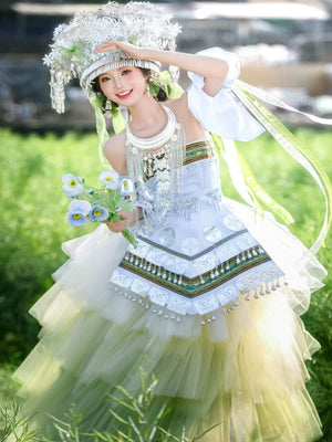 Women's Summer Cake Green Dress by Pink Miao Clothing in green tones with silver embellishments, ideal for traditional stage performances.