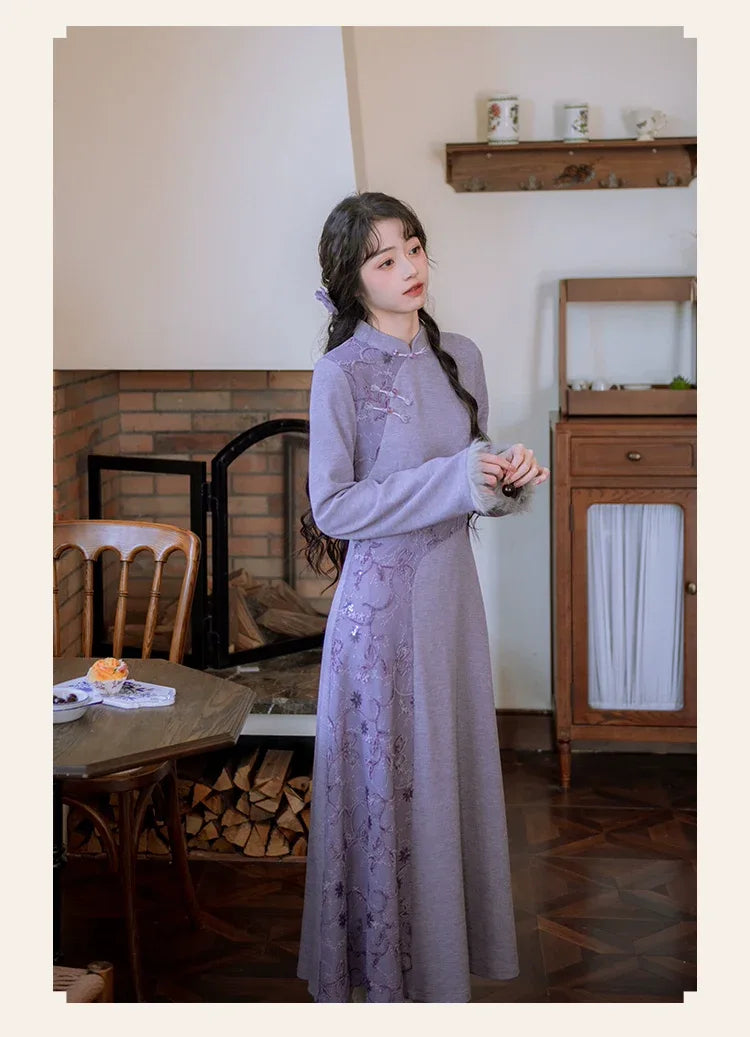 ''Falling Grace Lace Qipao Cheongsam Dress & Faux Fur Jacket Winte Blue Purple (Coat) / M ''Falling Grace Lace Qipao Cheongsam Dress & Faux Fur Jacket Winte Blue Purple (Coat) / M