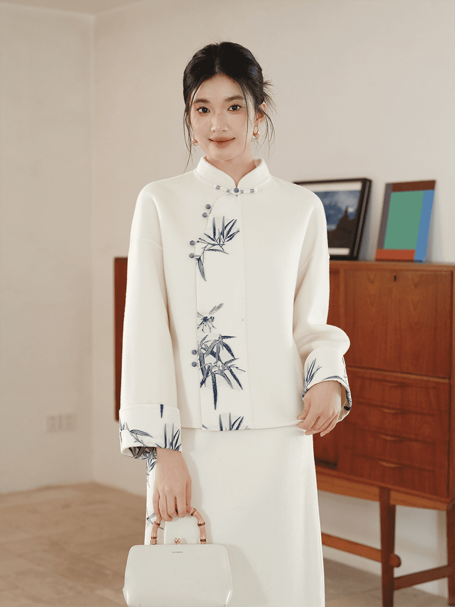 100% Wool Double-Faced Modern Chinese Women's Set – Printed Jacket with Matching Skirt, Minimalist Luxury Style