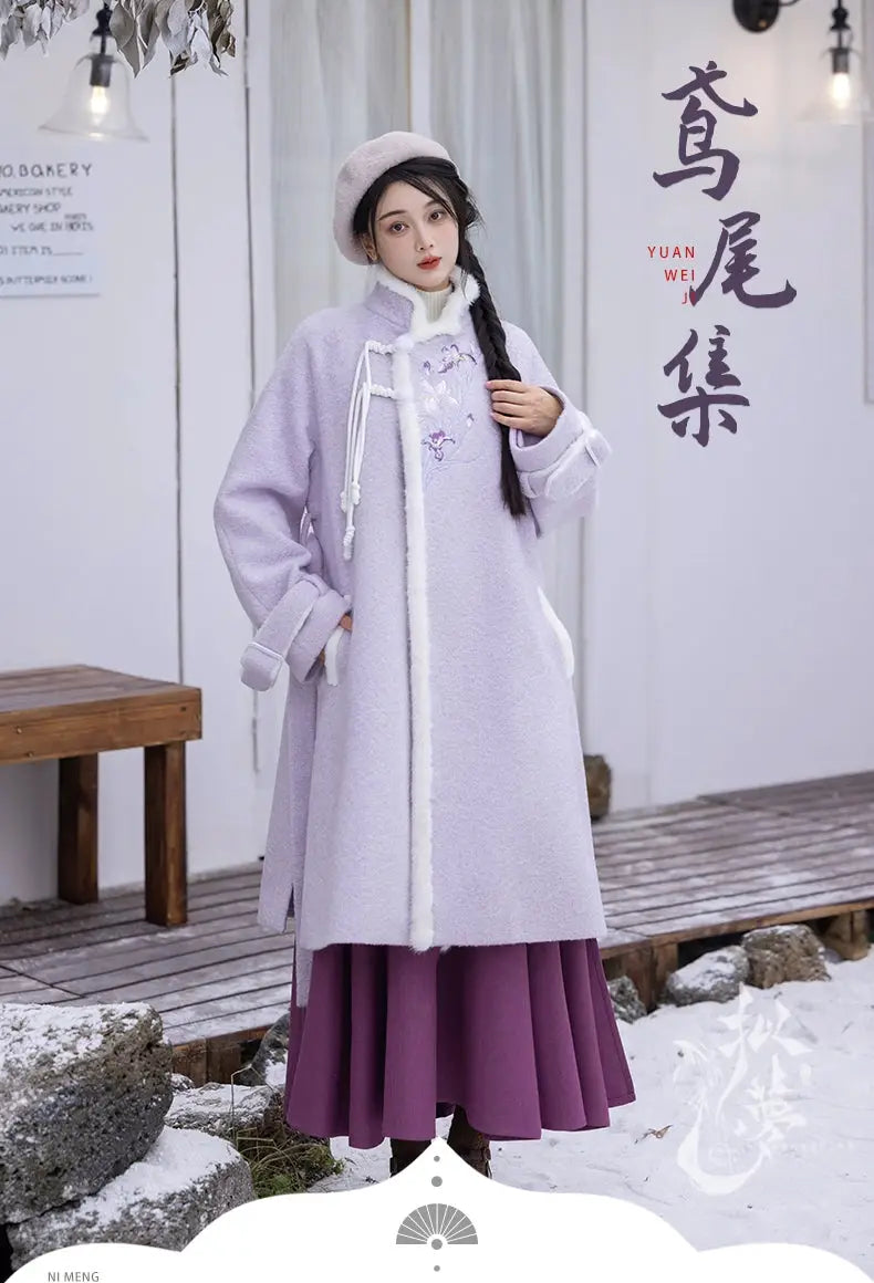 Purple Hanfu coat with floral embroidery, winter setting