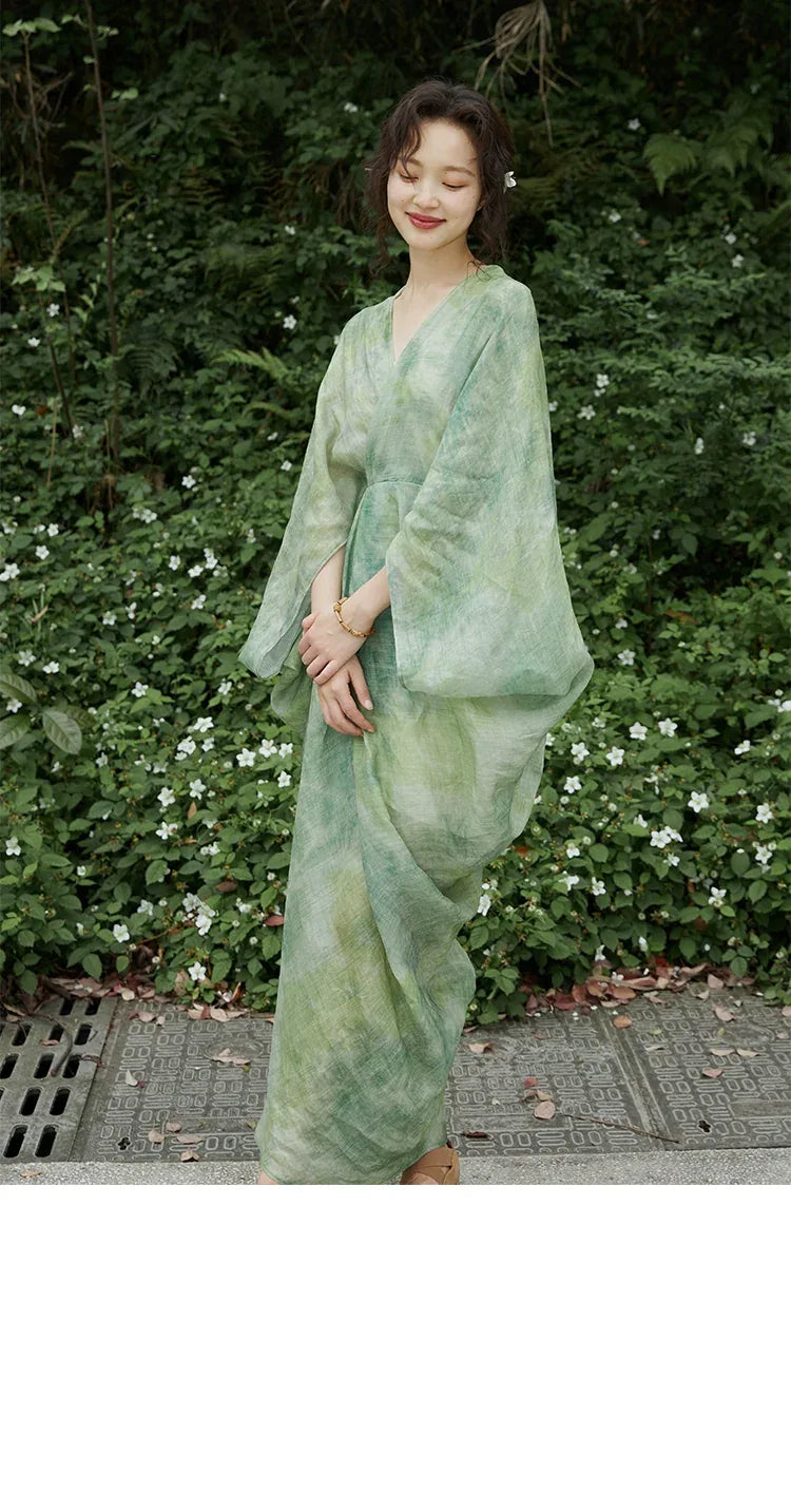 100% Ramie Modern Chinese Dress Green Tie-Dye Print with Loose Silh Green plum / S 100% Ramie Modern Chinese Dress Green Tie-Dye Print with Loose Silh Green plum / S