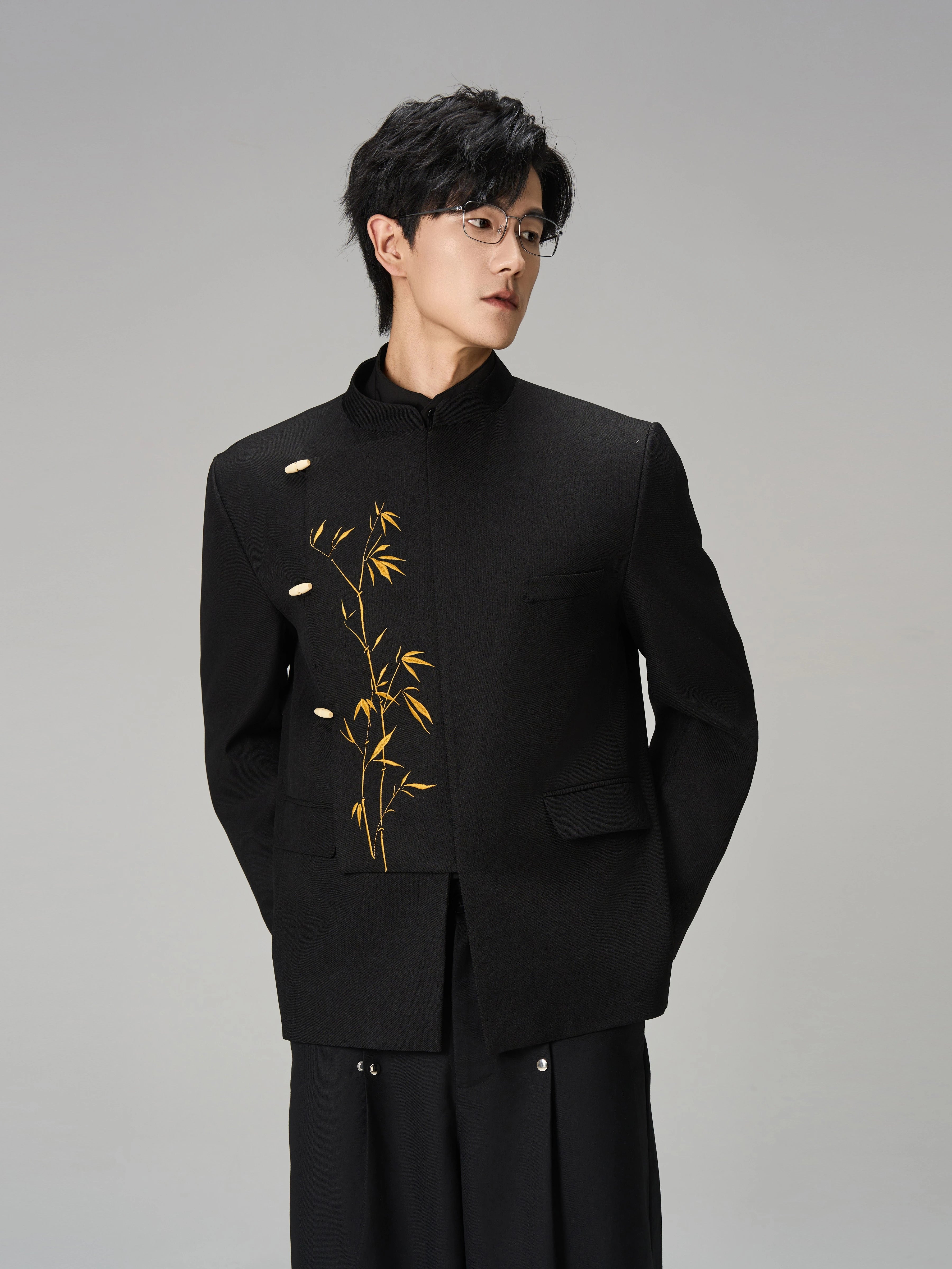 Golden Bamboo Embroidered Mandarin Blazer – Black New Chinese Unisex Jacket