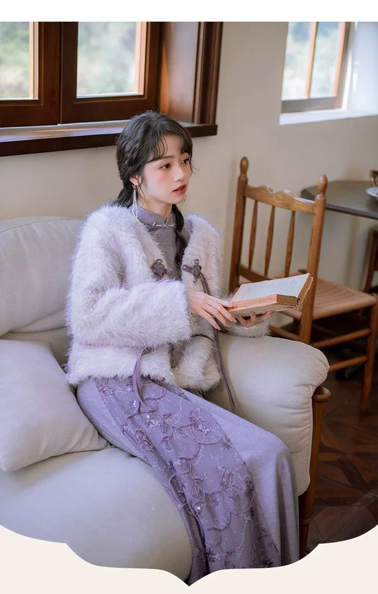''Falling Grace Lace Qipao Cheongsam Dress & Faux Fur Jacket Winte Blue Purple (Coat) / M ''Falling Grace Lace Qipao Cheongsam Dress & Faux Fur Jacket Winte Blue Purple (Coat) / M